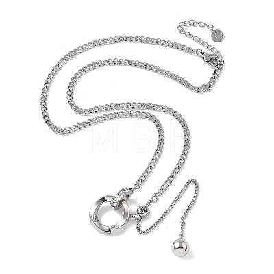 304 Stainless Steel Micro Pave Clear Cubic Zirconia Ring Pendant Twisted Chain Lariat Necklaces NJEW-P318-01P-1