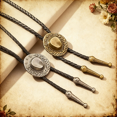 1Pc West Cowboy Hat Tibetan Style Alloy Pendant Black PU Leather Cord Bolo Tie Lariat Necklaces NJEW-GF0001-24A-1