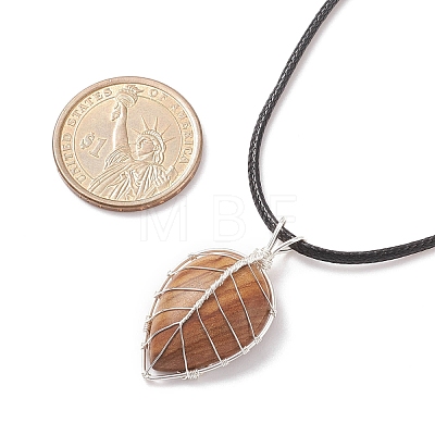 Natural Picture Jasper Leaf Cage Pendant Necklace with Waxed Cords NJEW-TA00035-04-1