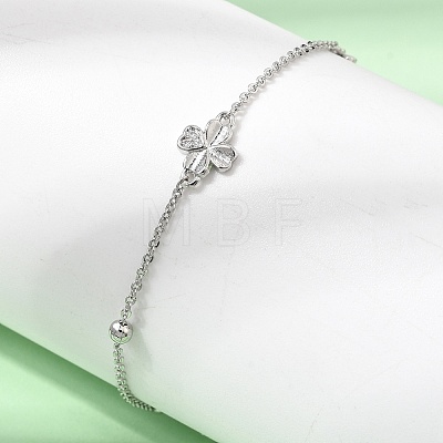 Brass Micro Pave Clear Cubic Zirconia Four Leaf Clover Link Bracelets KK-CBAED06-02P-1