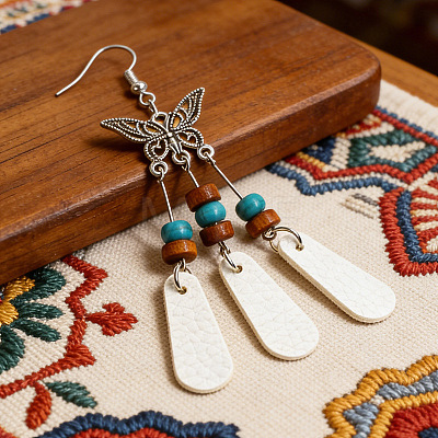 Iron & PU Imitation Leather Teardrop with Butterfly Dangle Earrings WG3DA57-01-1