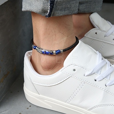 Alloy Blue Enamel Tube Bead & Braided Imitation Leather Cord Adjustable Anklets for Men FS-WG1282E-04-1
