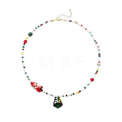 Christmas Tree Acrylic Pendant Santa Claus and Glass Seed Beaded Necklaces for Women FS-WGC89DE-01-1
