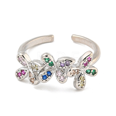 Flower Rack Plating Brass Micro Pave Cubic Zirconia Open Cuff Rings for Women RJEW-N047-01P-RS-1