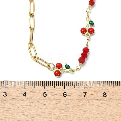 Brass Enamel Red Cherry Link and 304 Stainless Steel Paperclip Chain Necklaces for Women NJEW-JN06162-1