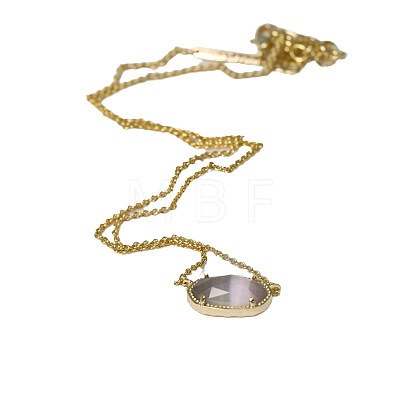 Brass Pave Gray Cat Eye Faceted Oval Pendant Necklaces for Women WG13C77-01-1