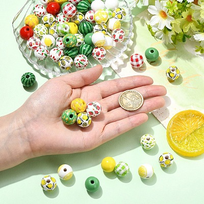 100Pcs 10 Styles Fruit Printed Wood European Beads WOOD-YW0001-86-1