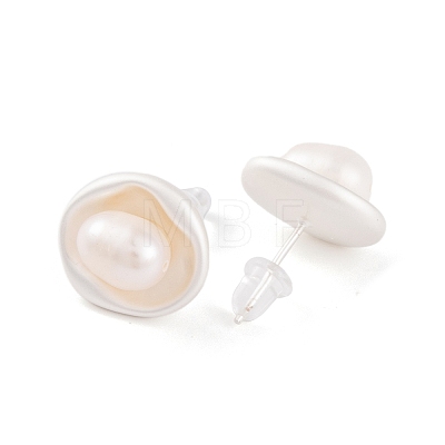 Flat Round Brass & Freshwater Pearl Stud Earrings for Women EJEW-G391-04MS-1