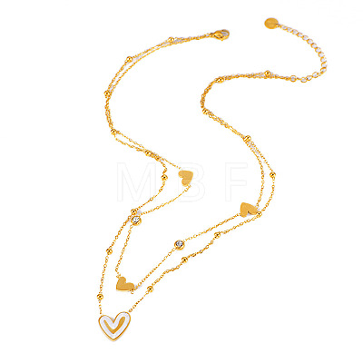 304 Stainless Steel Pave Clear and Black Cubic Zirconia & Natural White Shell Heart Pendant Double Layer Necklaces for Women FS-WGCE9B1-01-1