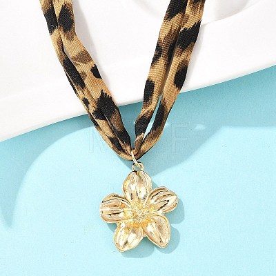 Alloy Flower Pendant 2-Strand Leopard Print Polyester Cord Necklaces for Women NJEW-A066-05G-1