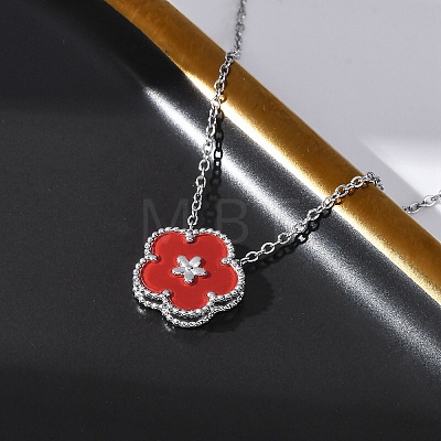 304 Stainless Steel Dark Red Enamel 5-Petal Flower Pendant Necklaces for Women NJEW-U032-17P-04-1