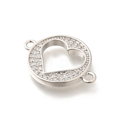 Rack Plating Brass Clear Cubic Zirconia Flat Round with Hollow Heart Connector Charms KK-L225-036P-1