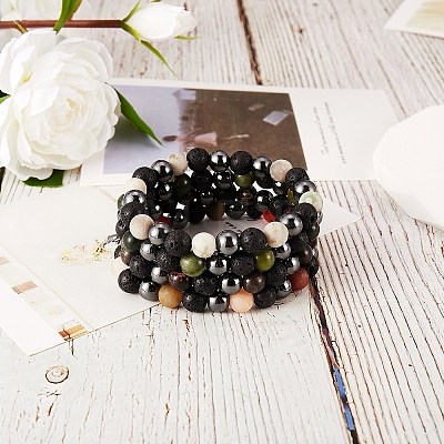 4Pcs 4 Style Natural Gemstone Round Beaded Stretch Bracelets Set BJEW-SZ0002-19-1