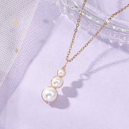 White Round Shell PearlBeaded Pendant 304 Stainless Steel Cable Chain Necklaces for Women NJEW-JN05795-1