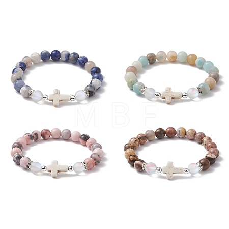 Cross Natural & Synthetic Mixed Gemstone Beaded Stretch Bracelets for Women BJEW-JB10165-1