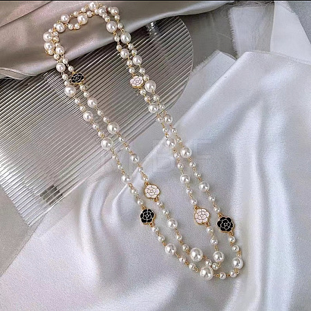 Wrap Style Alloy White and Black Enamel Flower & Plastic Imitation Pearl Round Beads Link Chain Long Necklaces for Women FS-WGD2267-10-1