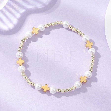 Round & Cross Shell Pearl & Non-magnetic Synthetic Hematite Beads Stretch Bracelets for Women BJEW-JB13100-1