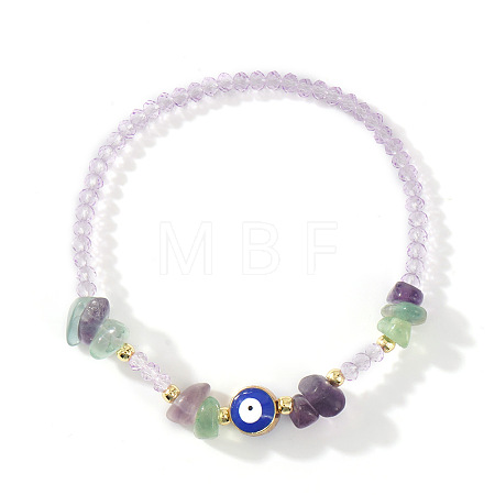 Natural Fluorite Chip & Brass Evil Eye & Glass Beaded Stretch Bracelets for Daily Wear PI9480-6-1