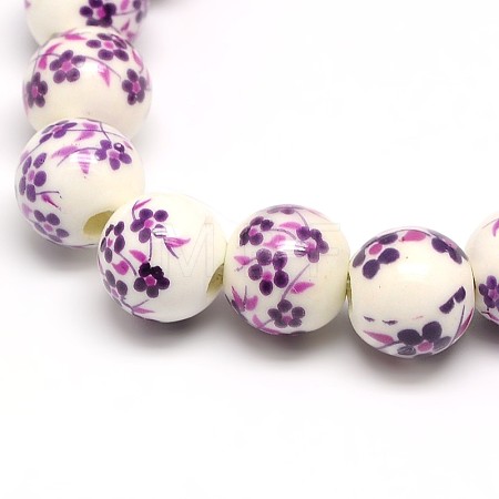 Handmade Flower Printed Porcelain Ceramic Beads Strands PORC-M007-10mm-11-1