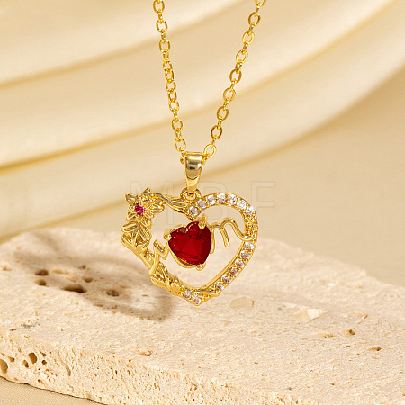 Mother's Day Brass Micro Pave Red Cubic Zirconia Yellow Mom Heart Pendant Necklaces for Women WGADC0E-04-1