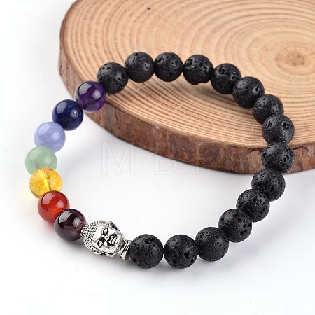 Buddha Head Natural Lava Rock Beaded Chakra Stretch Bracelets BJEW-JB02226-01-1
