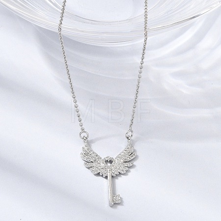 Brass Micro Pave Clear Cubic Zirconia Winged Key Pendant Necklaces CU-CBABA66-13P-1