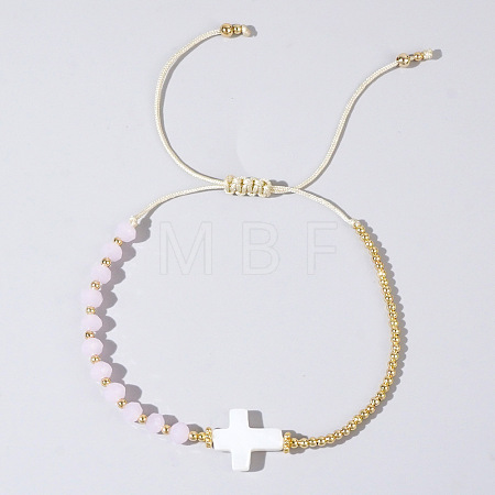 Vintage Bohemian Cross Shell & Rose Quartz Bead Braided Bracelets LJ7242-6-1