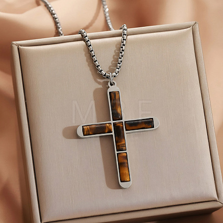 304 Stainless Steel with Natural Tiger Eye Religion Cross Pendant Necklaces FS-WG3F108-09-1