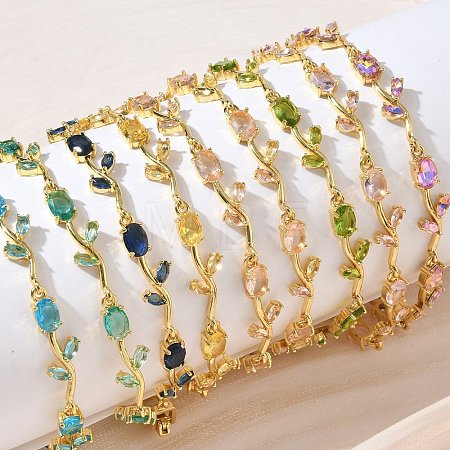 Brass Glass Flower Link Chain Bracelets KK-CBA7DFA-01G-D-1