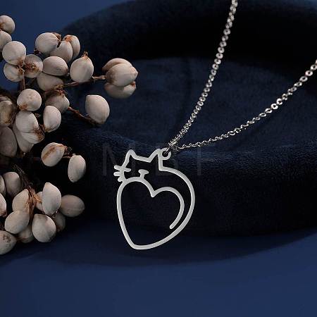 201 Stainless Steel Heart with Cat Outline Pendant Necklaces for Women FS-WG6120F-02-1