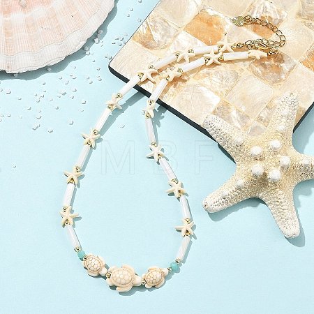 Summer Beach Dyed Synthetic Turquoise Starfish Turtle & Natural Shell Column Graduated Beaded Necklaces with Natural Amazonite Faceted Round Beads NJEW-JN06601-01-1