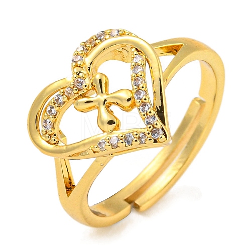 Heart with Letter Rack Plating Brass Micro Pave Clear Cubic Zirconia Adjustable Rings for Women RJEW-I105-01G-X-1