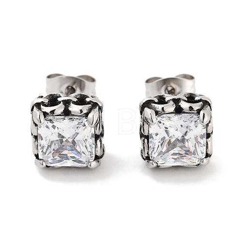 Square 316 Surgical Stainless Steel Pave Cubic Zirconia Stud Earrings for Women Men EJEW-Z050-06B-AS-1