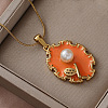 304 Stainless Steel Enamel Oval with Flower Pendant Necklaces with Imitation Pearl UX2387-2