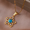 Vintage 304 Stainless Steel & Synthetic Turquoise Flower Pendant Necklaces with Crystal Rhinestone for Women RQ4537-2