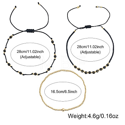 3Pcs 3 Styles Natural Golden Sheen Obsidian & Brass Round Beads Adjustable Bracelets & Brass Round Beads Stretch Braclets for Women TQ6408-3-1