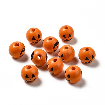 Halloween Theme Printed Natural Wooden Beads X-WOOD-L020-C04-1