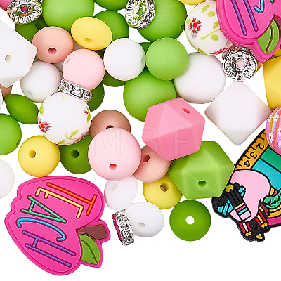 95Pcs 21 Styles Printed Round Silicone Focal Beadsm with 10Pcs Brass Rhinestone Spacer Beads SIL-BM0001-12-1