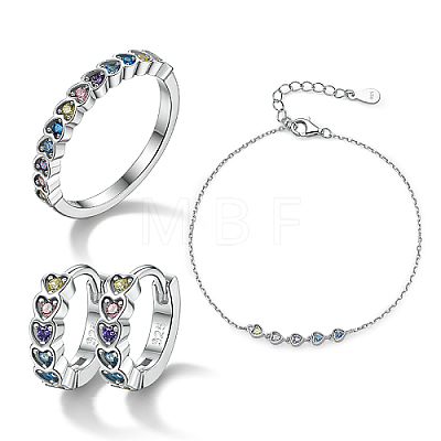 Rhodium Plated Sterling Silver Heart Finger Rings & Link Bracelets & Hoop Earrings ES9944-8-1