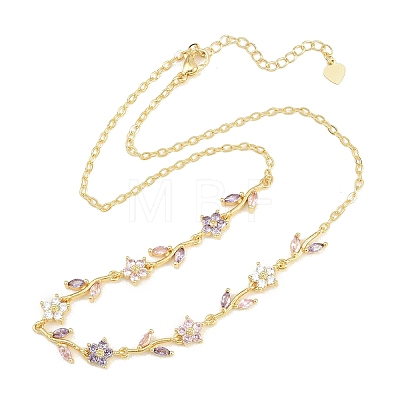 Brass Pave Cubic Zirconia Flower Link Chain Necklaces KK-CBA4547-18G-04-1