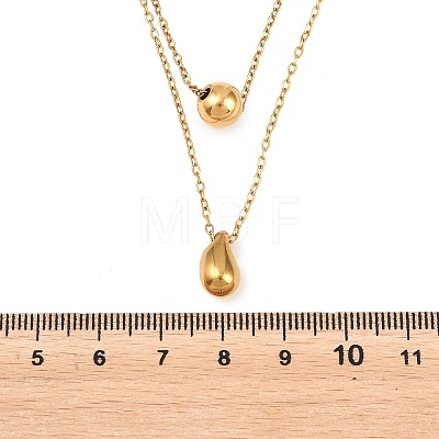 304 Stainless Steel Round Teardrop Pendant Cable Chain Double Layer Necklaces for Women NJEW-B083-03G-1