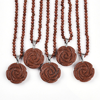 Synthetic Goldstone 4.5mm Round Beaded Flower Pendant Necklaces NJEW-T016-04J-1