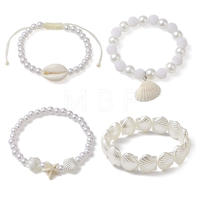 4Pcs 4 Style ABS Plastic Imitation Pearl Beaded Stretch Bracelets Set BJEW-JB10104-1