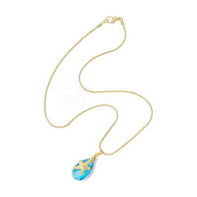 Ocean Alloy Sea Animal and Faceted Glass Teardrop Pendant Brass Round Snake Chain Necklaces for Women NJEW-JN05915-01-1