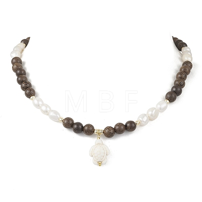Ocean Dyed Synthetic Turquoise Trutle Pendant 8MM Natural Cultured Freshwater Pearl & Wenge Wood Round Beaded Necklaces for Women NJEW-JN05938-1
