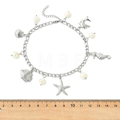 Ocean Natural Pearl & 304 Stainless Steel Starfish Sea Horse Shell Shape Charm Anklets for Women AJEW-AN00826-02-1