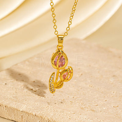 Brass Pave Cubic Zirconia Tulip Flower Pendant Necklaces for Women WG7D3CD-01-1