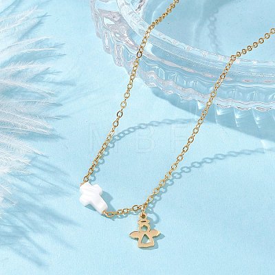 304 Stainless Steel Angel and Natural Freshwater Shell Cross Pendant Necklaces NJEW-JN05720-1