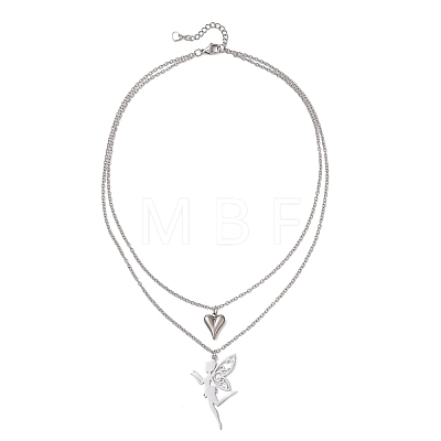 Stainless Steel Fairy and Heart Pendant 304 Stainless Steel Cable Chain Double Layer Necklaces for Women NJEW-JN05810-02-1
