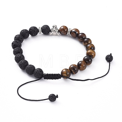 Natural Lava Rock & Tiger Eye Beads Adjustable Braided Bracelets BJEW-JB04987-07-1